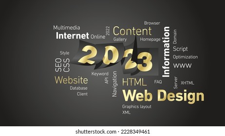 Web Design Neujahr 2023 glänzende goldene weiße Wortwolke mit Kalender 2023 Seiten schwarzer Bretterhintergrund