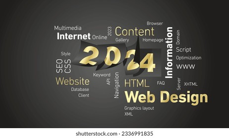 Web Design New Year 2024 shining golden white word cloud with calendar 2024 pages black board background