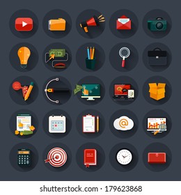 Web design objects, business, office and marketing items icons.