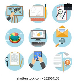 Web design objects, business, office and marketing items icons.