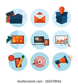 Web design objects, business, office and marketing items icons.