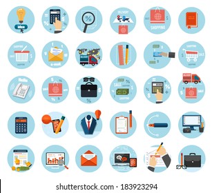 Web design objects, business, office and marketing items icons.