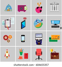 Web design objects, business, office and marketing items icons.