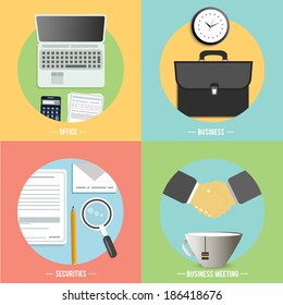 Web design objects, securities, business, office and marketing items icons.