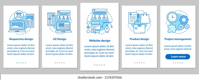 Web design onboarding mobile app page screen with linear concepts. Website, UX, responsive design, branding, project management steps graphic instruction. UX, UI, GUI vector template with illustration