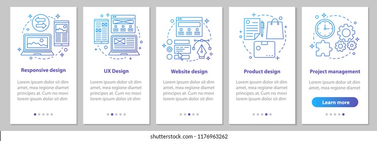 Web design onboarding mobile app page screen with linear concepts. Website, UX, responsive design, branding, project management steps graphic instruction. UX, UI, GUI vector template with illustration