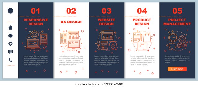 Web design onboarding mobile web pages vector template. Website, UX, responsive design, branding, project management. Responsive smartphone website interface. Webpage walkthrough step screens