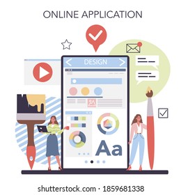 Web design online service or platform. Presenting content on web pages. Website layout, composition and color development. Online application. Flat vector illustration