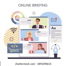 Web design online service or platform. Presenting content on web pages. Website layout, composition and color development. Online briefing. Flat vector illustration