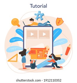 Web design online service or platform. Presenting content on web pages. Website layout, composition and computer technology. Online tutorial. Flat vector illustration
