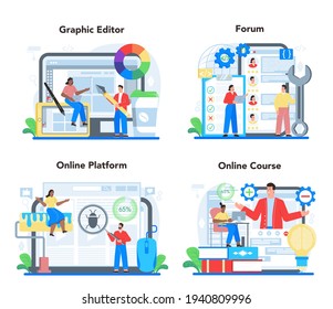 Web design online service or platform set. Presenting content on web pages