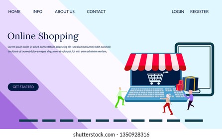 Web design online shopping illustration concept, people shopping using smartphone and laptop, landing page, template, ui, web, mobile app, poster, banner, leaflets- Vector