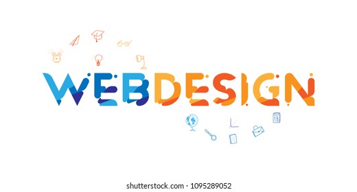 Web Design in original font inscription with doodle icons. Flat vector illustration EPS10
