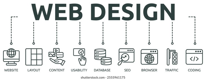 web design outline banner icon of website, layout, content, usability, database, seo, browser, traffic, coding