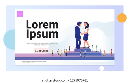 Web design page templates. Digital marketing vector concept. Businessman shaking hand businesswoman. People shaking hands. Social media icons, rocket ship, bird, mail, smart phone. Vector illustration