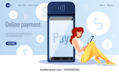 Web design. Payment terminal. Woman with phone is paying online. Online transfer, banking, contactless payments concept. Vector illustration for flyer, poster, banner, website development. 