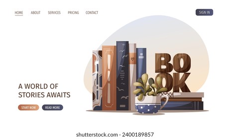Web design with pile of books, potted plant and wooden word "book". Bookstore, bookshop, book lover, reading, interior concept. Vector illustration for website, banner, promo.