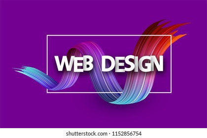 Afiche de diseño web con marco blanco y pincel de espectro sobre fondo morado. Diseño de pincel degradado colorido. Ilustración de papel vector.