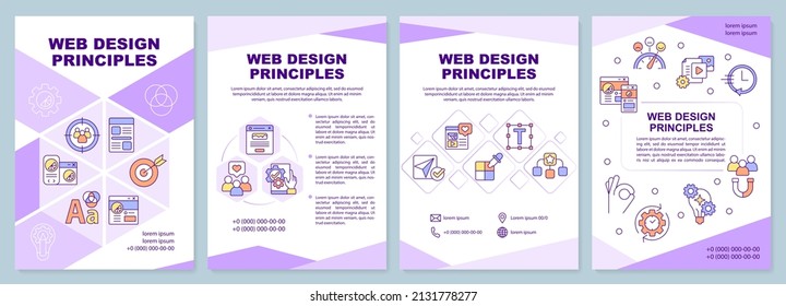 Web design principles purple brochure template. Art work. Leaflet design with linear icons. 4 vector layouts for presentation, annual reports. Arial-Black, Myriad Pro-Regular fonts used