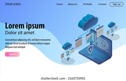 Web Design Program language and cloud server security in isometric illustration