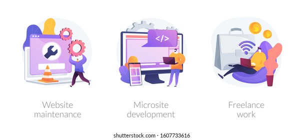 Web design, programming and coding idea. Remote job, freelancer cartoon character. Website maintenance, microsite development, freelance-work metaphors. Vector isolated concept metaphor illustrations