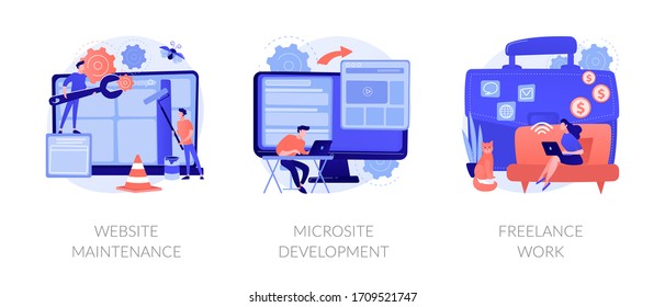 Web design, programming and coding idea. Remote job, freelancer cartoon character. Website maintenance, microsite development, freelance-work metaphors. Vector isolated concept metaphor illustrations