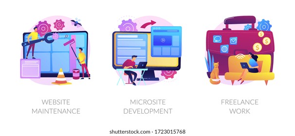 Web design, programming and coding idea. Remote job, freelancer cartoon character. Website maintenance, microsite development, freelance-work metaphors. Vector isolated concept metaphor illustrations