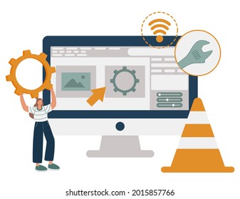 Web design, programming and coding idea. Remote job, freelancer cartoon character. Website maintenance, microsite development, freelance-work metaphors. Vector isolated concept metaphor illustrations
