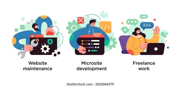 Web design, programming and coding idea. Remote job, freelancer cartoon character. Website maintenance, microsite development, freelance-work metaphors.