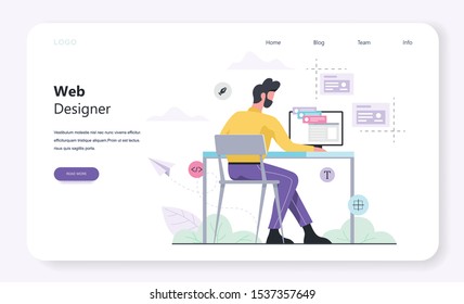 Web design and programming horizontal banner template for web page. Responsive design for website. Man sitting at the table. Isolated flat illustration