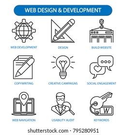 Web design and programming icons set. web development, design, build website, copywriting, creative campaigns, social engagement, web navigation, usability audit