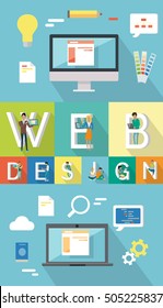 Web design, SEO concept Human characters with computers and mobile devices working for content search engine optimization and designing sites. Internet technology. Vector. Editable elements for design