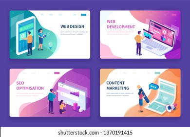 Web design, seo and development banners templates. Can use for backgrounds, infographics, hero images. Flat isometric modern vector illustration.