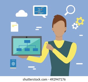 Web design, SEO infographic concept. Man in yellow blue sweater with laptop on blue background with communication and design pictograms. Website development project, SEO process information