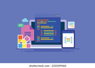 Web design service, website design service, professional web design, application development - vector illustration with icons