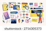 Web design set, UX, UI, project management and workflow elements with human character. Flat vector illustration on light background. Productivity planning and business process concept