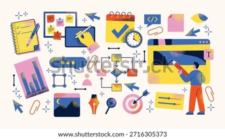 Web design set, UX, UI, project management and workflow elements with human character. Flat vector illustration on light background. Productivity planning and business process concept