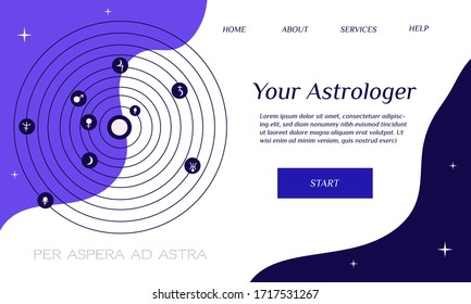 Diseño web para el sitio del Astrologer. Tecnologías científicas. Gráfico natal. Consulta de astróficos. Planetas, estrellas. Ilustración de material vectorial.