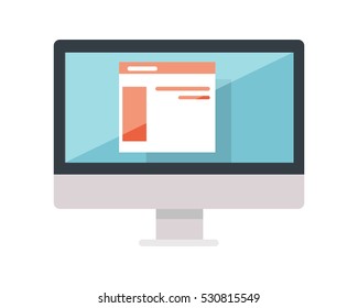 Web design of site on the monitor display isolated. Creating web page with help of modern internet technologies. Computer device works for content search engine optimization. SEO concept. Vector