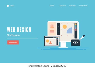 Web design software, Cloud based web design app, Website design and coding, creating content with illustration software - vector illustration landing page.