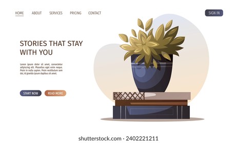 Web design with Stack of books and potted plant. Bookstore, bookshop, book lover, reading, interior concept. Vector illustration for banner, website, poster.