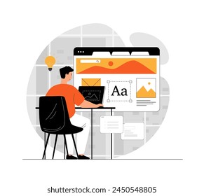 Web design studio concept. Development of graphics, pictures, brand site. UX UI design process for modern mobile application and website. Illustration with people scene in flat design for website