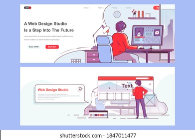 Web design studio landing pages set. Creative website design, prototyping and usability. Flat line vector illustration with people characters. Web concept use as header, footer or middle content.