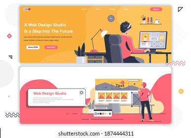 Web design studio landing pages set. Creative website design, prototyping and usability. Flat vector illustration with people characters. Web concept use as header, footer or middle content.