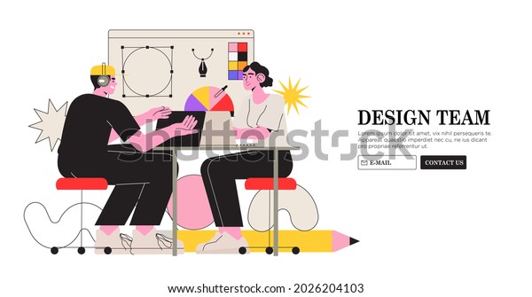 Web design studio or team working on laptops and\
discuss new project visualization. Creative or educational process\
banner, ad, landing page or poster for web design studio job or\
career and courses.