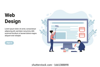 Web design studio, website creation process, creative team. People stand near big computer. Business poster for presentation, social media, banner, web page. Flat vector modern illustration.