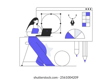 Web design studio Woman Character working on laptop , new project visualization. Creative or educational process. Freelancer, designer. Trendy Flat Cartoon Vector Illustration, icon. Stylish abstract 