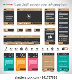 Webdesign-Studie: Preisschilder, Login-Formulare, Kopfzeilen, Fußzeilen, Symbole, Infografik-Panels und ein Multimedia-Filmplayer.