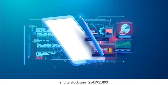 Web design tablet. Digital tablet with pen and data analysis dashboard, representing modern technology and productivity. Vector illustration