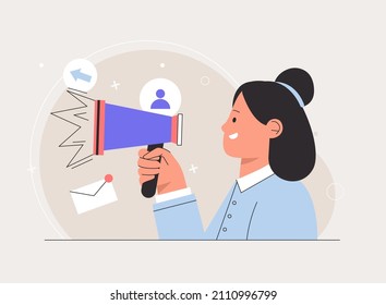 Web design and targeted advertisement concept. Woman with loudspeaker and magnet attracting new customers, online promotion. Refer a friend and audience announcement on loudspeaker.